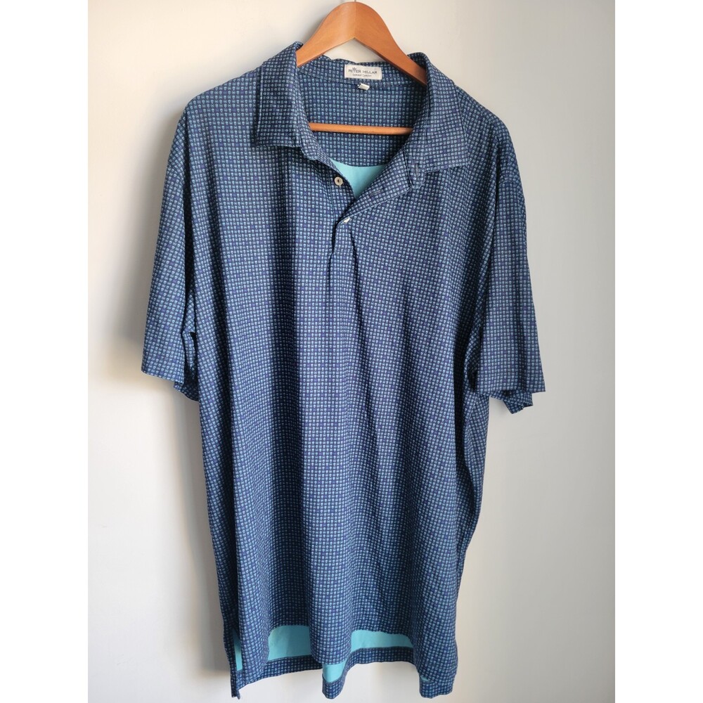 Peter Millar Summer Comfort Polo Shirt Mens XXL Blue Logo Print Golf Stretch